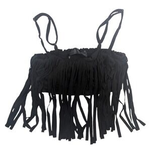 Foxblood Fringe Smocked Crop Top – Women's S Black Festival Boho